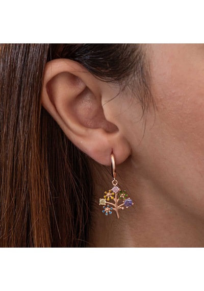 Gümüş Rose Renkli Taşlı Hayat Ağacı Kadın Küpe 14 MM-Gümüş
