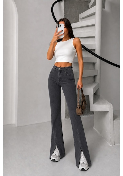 Bluemarlin Kar Siyah Likralı Esnek Paça Yırtmaçlı İspanyol/flare Denim Pantolon Kar Siyah