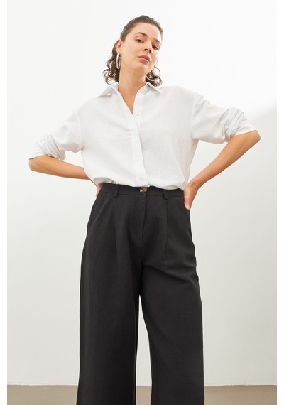 Stella Pulvis Siyah Keten Yüksek Bel Wide Leg Pantolon Siyah