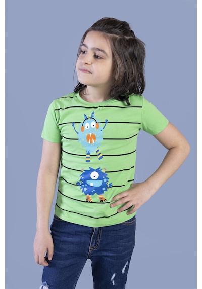 Toontoy Kids Toontoy Erkek Çocuk Çizgili Canavar Baskılı Tişört Fıstık Yeşili