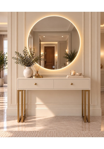 Metal Ayaklı Led Aynalı 2 Çekmeceli Dresuar - Bej Mdf Metal Ayaklı Led Aynalı 2 Çekmeceli Dresuar - Bej Mdf
