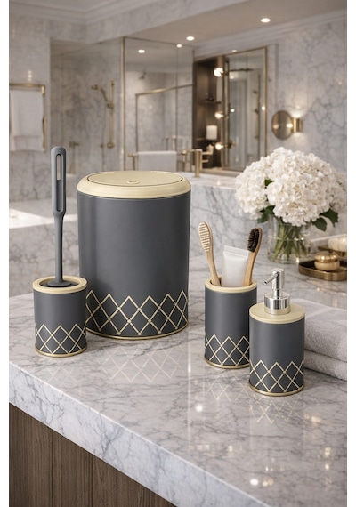 Geometrik Zikzak Desenli 4 Lü Banyo Seti Gri