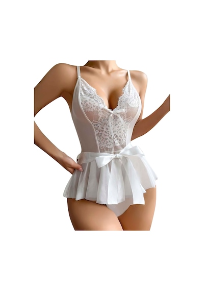 Avastyle Herşeytrend Beyaz Dantel İşlemeli Kurdelalı Fantezi Tül Babydoll Beyaz
