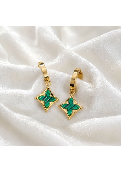 Malakit Yeşil Taşlı Yıldız Charm Gold Kaplama Çelik Halka Küpe Altın-yeşil