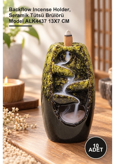 10 Adet Seramik Geri Akış Tütsülük Backflow Incense Holder, Seramik Tütsü Brülörü Model Alk4437 13x7 Cm