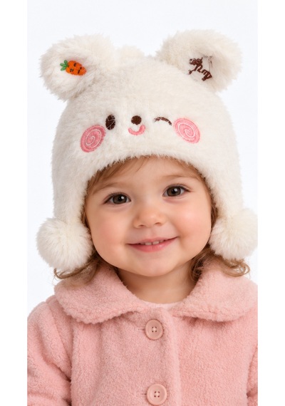 Kız Bebek Tavşan Modelli Kulaklı Ponponlu İçi Astarlı Krem Renk 6 Ay - 3 Yaş Soft Bere