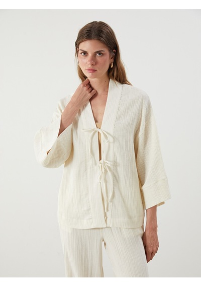 Lcw Vision Beyaz Şal Yaka Dokulu Oversize Kadın Kimono