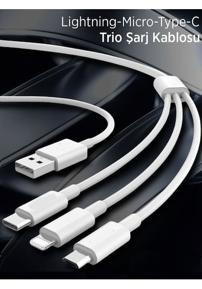 Micro Usb Apple iPhone Type-c Uyumlu 3in1 Hızlı Şarj Kablosu 3 Uçlu Şarz Kablosu Beyaz 1