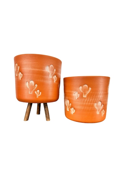 Bitki Tasarımı Ev Dekorasyon Aksesuar Kaktüs Desenli Toprak Saksı Saksılık Salon Çiçeklik İkili Set Ayaksız - 3 Ayaklı- 19 Cm