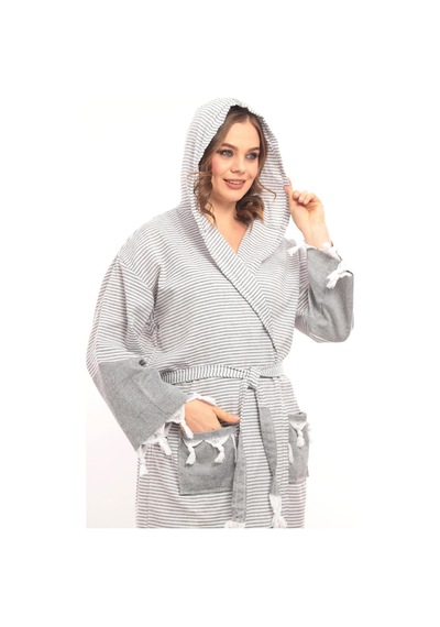 Hürrem Püsküllü Kapüşonlu Banyo Sauna Havuz Plaj Kadın Erkek Unisex Cepli Pamuklu Peştamal Bornoz Antrasit
