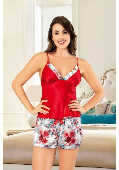 Faal 3121 Kadın Saten İp Askılı Şortlu Pijama Takım-kırmızı Kırmızı