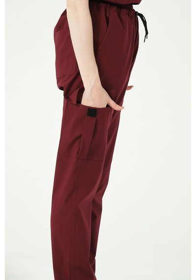 Bordo Likralı Kargo Cep Doktor Hemşire Forması Tek Alt Unisex
