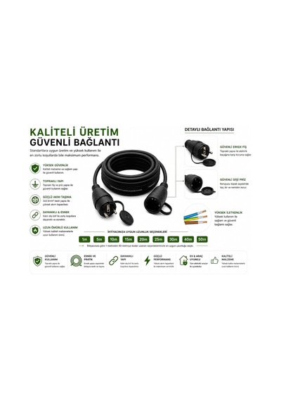 Evden Elektrikli Araba Şarj Uzatma Kablosu Topraklı%100 Bakır 3x2.5mm Siyah, 2 Metre