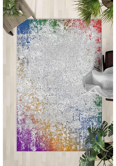 Kaymaz Taban Yıkanabilir Halı Mutfak, Salon, Yatak Odası İçin Modern Dijital Baskı Halı Slnhalı78 - 322 Çok Renkli