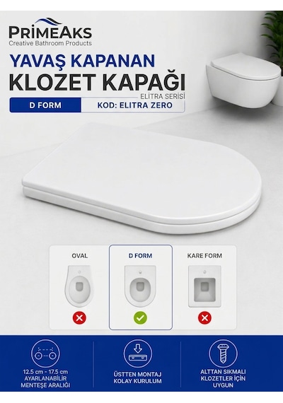 D Form Klozet Kapağı Yavaş Kapanır Soft Close Sessiz Kapanma Klozet Kapağı Beyaz