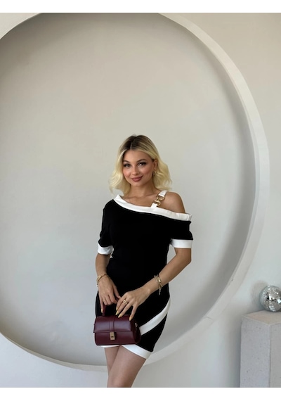 Valensdesign Kadın Kısa Kollu Asimetrik Kesim Yaka Şerit Ve Aksesuar Detaylı Modal Elbise Siyah