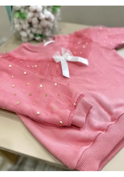 Kız Çocuk Fiyonk Kurdela Detay Organze Tül Kol Mini Kalpler Detaylı Sweatshirt 3 İplik Pudra Pembe Renk Pudra