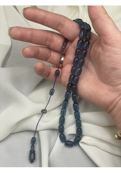 Mehmet Arıcı İmzalı El Boy Kapsül Açık Mavi Ateş Kehribar Tesbih 7x11 Mm