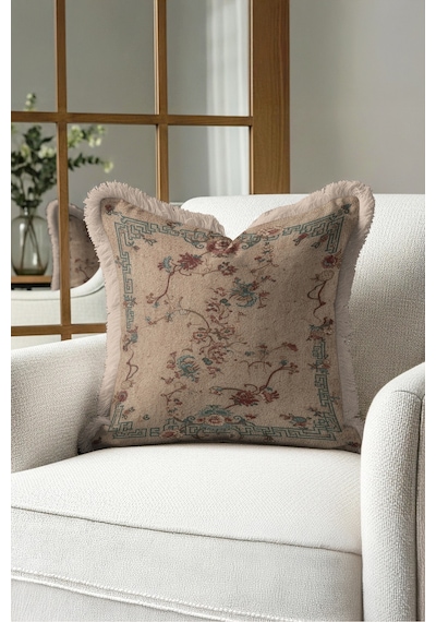 Otantik Çiçekli Saçaklı Yastık Kılıfı - Vintage Floral Bej Turkuaz Krem Püsküllü Kırlent Kılıfı Puslu Düş Opal