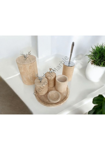 Sarı Traverten Klasik Model 7 Parça Gümüş Renk Geyik Aksesuarlı Banyo Seti Sarı Traverten