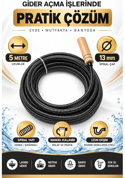 13 Mm 5 Metre Kanal Açıcı Spiral Manuel Gider Açma Susta Teli, Uzun Erişim Kalın Susta