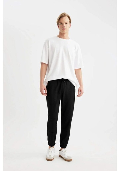 Defacto - Regular Fit Beli Bağcıklı Cepli Paçası Lastikli Şardonlu Basic Düz Jogger Eşofman Altı E6326AX25AU Siyah