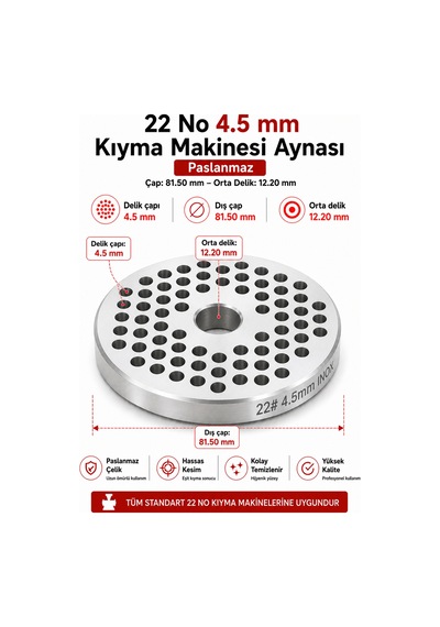 22 No 4,5 Mm Kıyma Makinesi Aynası Paslanmaz