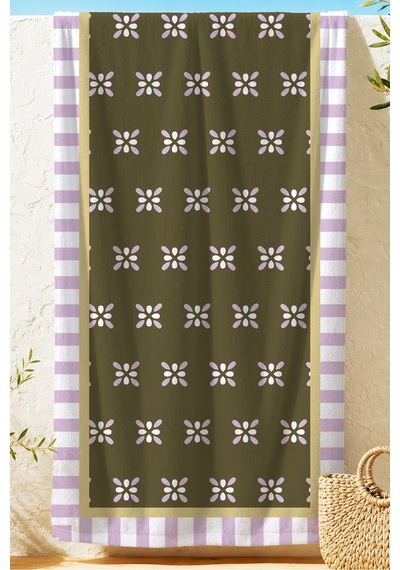 Çiçekli Çizgili Modern Plaj Havlusu - Bohem Lila Haki Akdeniz Stil Hızlı Kuruyan Mikrofiber Havlu Bulut Armut