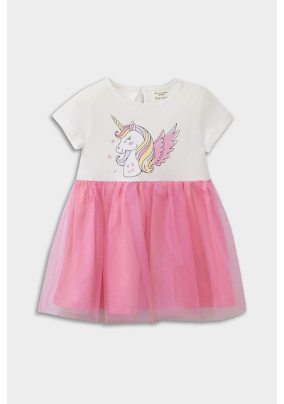 DeFacto Kız Bebek Unicorn Baskılı Kısa Kollu Yazlık Tül Elbise E8723A525SMER105