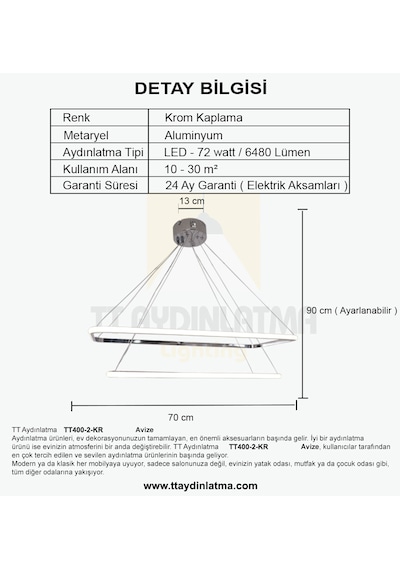 Tt400-2 Kr Tt Aydınlatma Dikdörtgen Beyaz Işık 2 Li Krom Led Krom