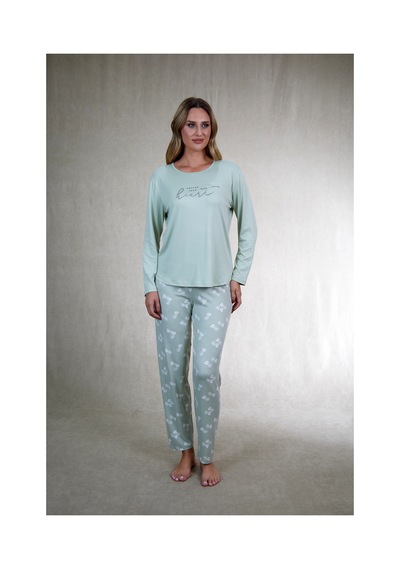 Estiva Kadın Yaprak Alt Desenli Soft Uzun Kollu Pijama Takımı Yeşil