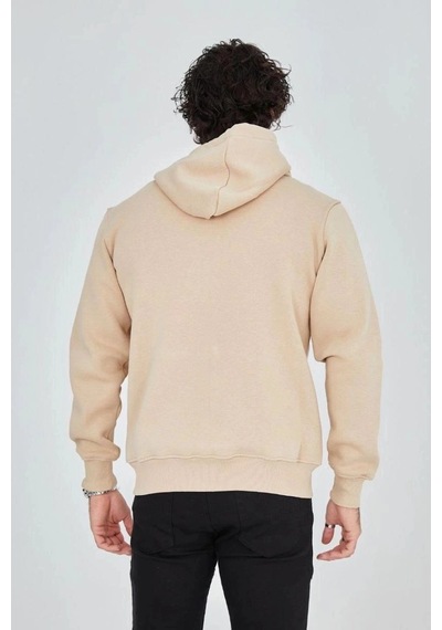 Freedom Storee Erkek 3 İplik Pamuklu Fermuarlı Kapüşonlu Kanguru Cepli Baskılı Hoodie Hırka Sweatshirt - Bej Çok Renkli