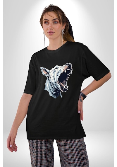 Bull Terier Köpek Havlama Pamuklu Bisiklet Yaka Unisex Oversize Boyfriend Dijital Baskılı Siyah T-shirt Siyah