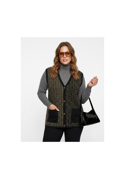 Onno Style Women Çelik Örgü Klasik Leopar Desen Triko Yelek Siyah