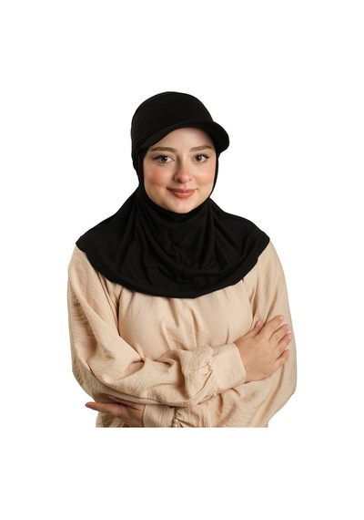 Hürrem Bone Siyah Pratik Hazır Geçmeli Şapkalı Tesettür Eşarp Viskon Düz 2513 01 siyah