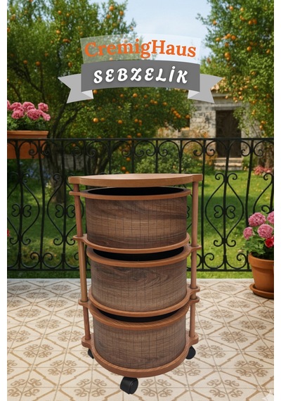 Ahşap Sebzelik Geleneksel Tasarım Yuvarlak Kemençe Desenli 3 X 5 Kg Kapasiteli Hazır Gönderim Diğer