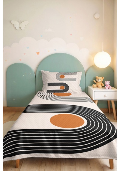 Geometrik Siyah Modern Genç Odası Tek Kişilik Pike Takımı - Hardal 160x220 Cm Kapitone Yatak Örtüsü Hafif Ot Tonu