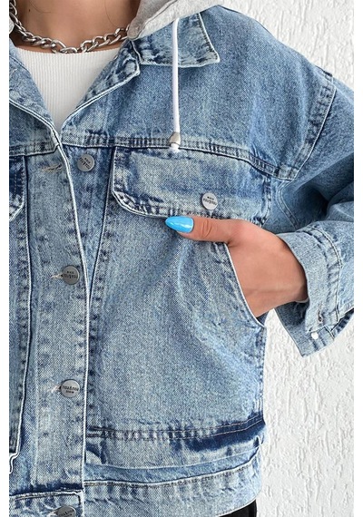 Kadın Çıkarılabilir Kapüşonlu Cepli Denim Ceket Astarsız & Çok Amaçlı Kullanım Mavi