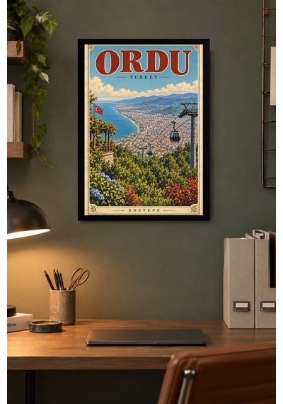 Kıyı Körfezi Ve Teleferik İllüstrasyonu Desenli Dekoratif Mdf Tablo, Çerçeve Görünümlü Ahşap Poster