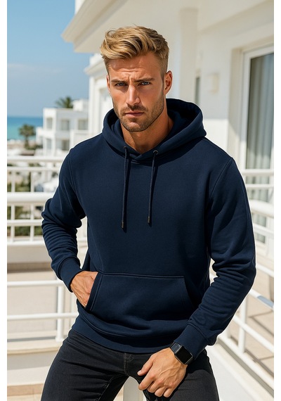 Rich Erkek Lacivert Pamuklu Cep Detaylı Kapüşonlu Sweatshirt Lacivert
