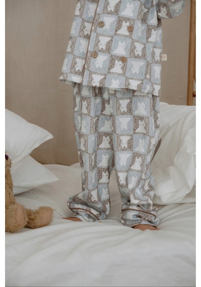 Oh La La Koala Kedi Desenli Yaka Detaylı Çocuk Pijama Takımı Sütlü Kahve