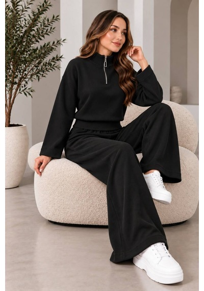 Aymiraa Kadın Triko İkili Takım Fermuarlı Sweatshirt Geniş Paça Pantolon Salaş Oversize Rahat Günlük Takım Siyah Siyah Aymiraa Kadın Triko İkili Takım Fermuarlı Sweatshirt Geniş Paça Pantolon Salaş Oversize Rahat Günlük Takım Siyah Siyah