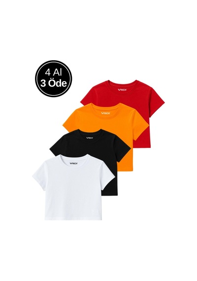 Kadın 4'lü Paket Oversize Crop Tişört %100 Pamuk Bisiklet Yaka T-shirt Turuncu