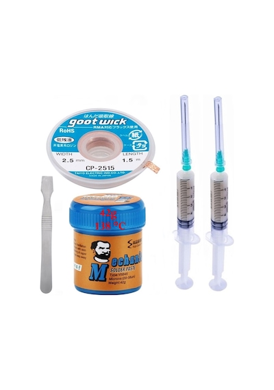 Mechanic Krem Lehim Mechanic Solder Paste 42 Gr 138c Lehim Emme Temizleme Teli 2,5 Mm Ve Metal Spatula Seti01