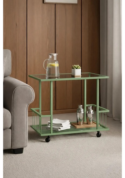 Fuji Yan Sehpa - Tekerlekli Mint Yeşili Füme Camlı Servis Sehpası Mint Yeşil