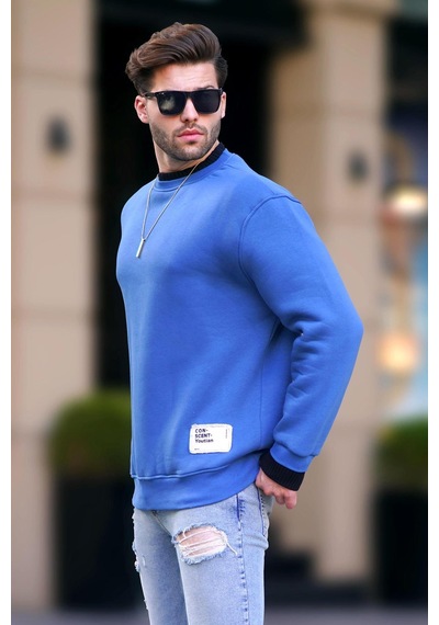 Madmext İndigo Bisiklet Yaka Oversize Şardonlu Arma Detaylı Erkek Sweatshirt 7043-indigo İndigo