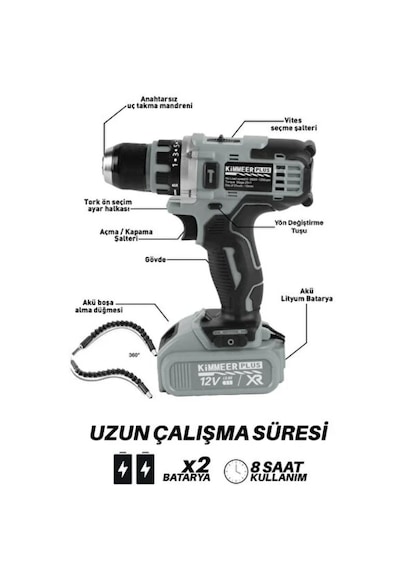 12v Metal Şanzıman Şarjlı Matkap 24 Parça Akülü Vidalama Akülü Matkap Seti Gri Renk