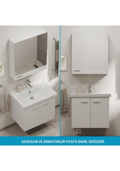 Aqua Bagno Basic Alt Dolap + Üst Dolap - Lavabo 65 Cm Beyaz S.50.02.33.04.01 Beyaz