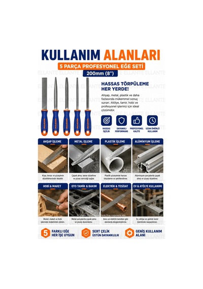 5 Parça Profesyonel Eğe Seti 200 Mm 8" Ergonomik Kaymaz Saplı Sertleştirilmiş Çelik Ahşap Metal Pl
