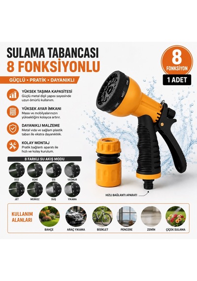 8 Fonksiyonlu Sulama Tabancası Hızlı Bağlantı Aparatlı Bahçe Sulama Tabancası 2pcs